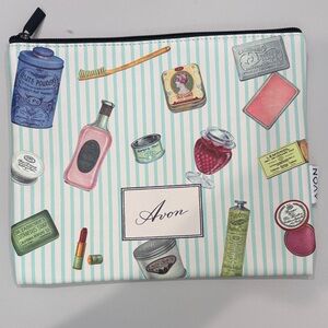 Avon Striped Cosmetic Pouch with Vintage Toiletry Print - White, Teal, Pink